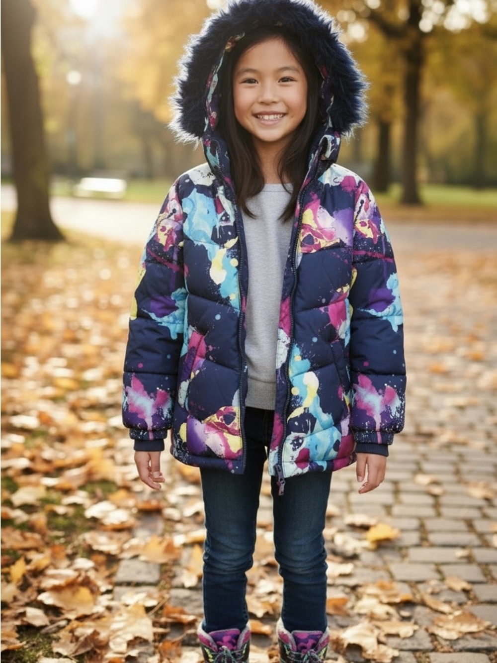 Girls' Colorful Navy Paint-Splash Puffer Jacket with Faux-Fur Hood